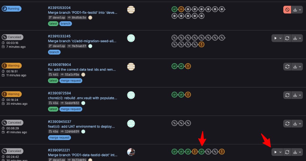 GitLab pipelines showing deploy stages and redeploy options